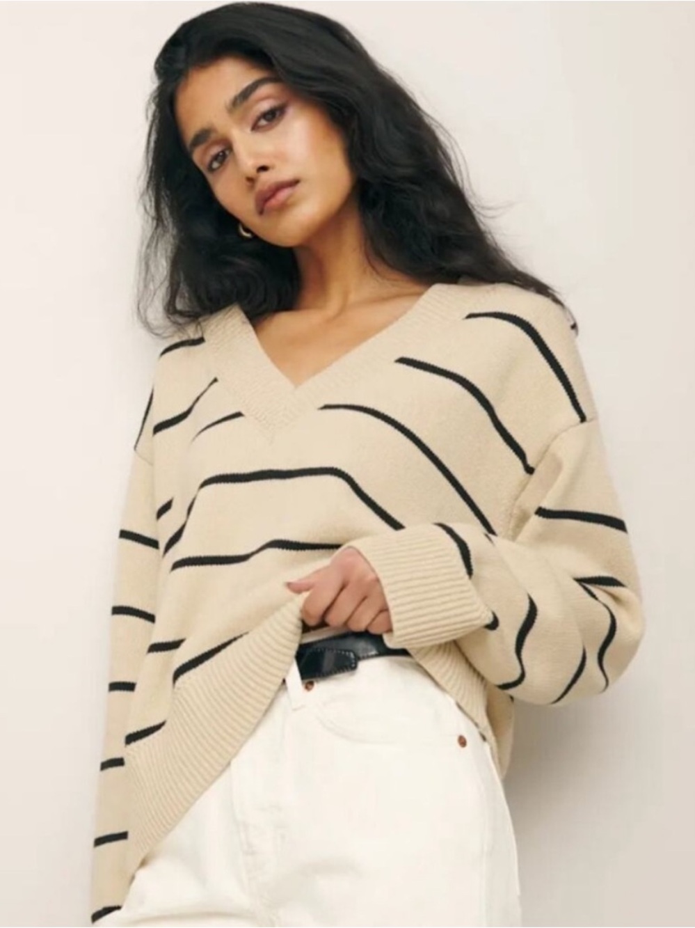 Reformation Sweater Sienna V-Neck Cotton in Natural Cream Black Striped